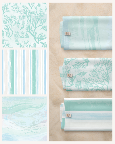 Pattern mock-ups displaying patterns from collection on a set of scarves